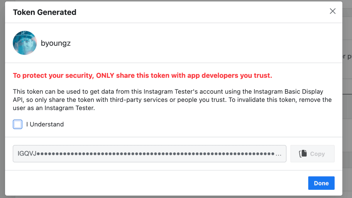 Copy the Instgram User Token