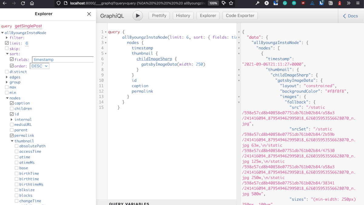 Screenshot of Instgram GraphQL Data in Gatsby